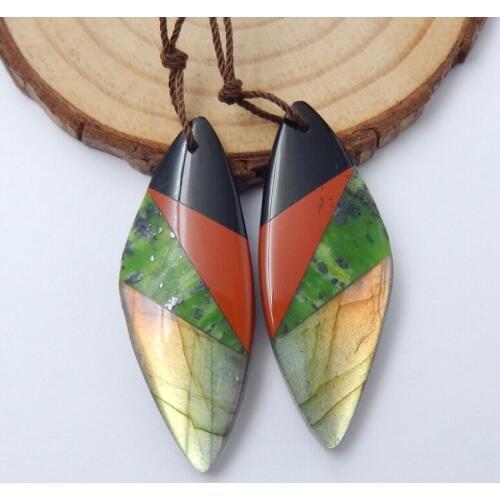 Natural Stone Obsidian Red River Jasper Labradorite Serpentine Front Drilled Earring Bead 41x16x5mm 10.1g Fashion Women Earrings