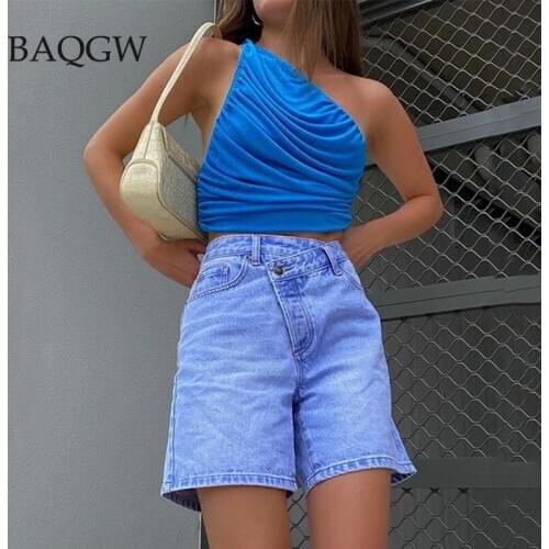 Nightclub Ruched Sexy Bustier Tops Women Hollow Out Casual Sleeveless T Shirt Skinny Summer Off Shoulder One Shoulder Crop Tops