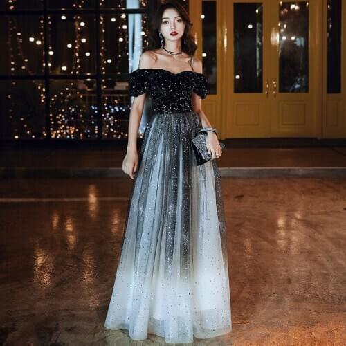 Female Off Shoulder Evening Party Dress Sequins Sexy Lacing Long Evening Dress Cheongsam Noble Robe De Soiree