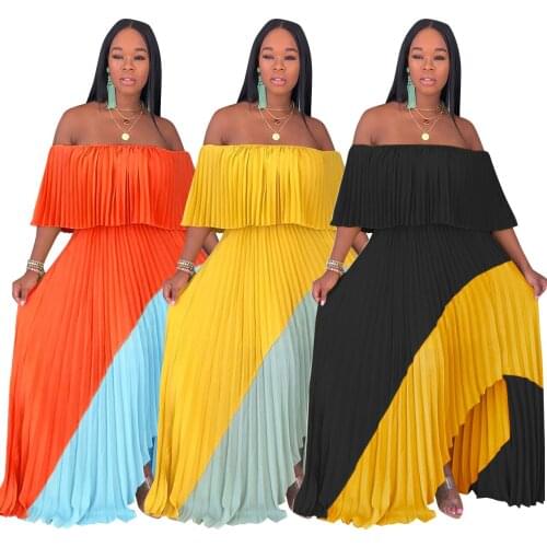 Echoine Women Casual Long Dresses Off Shoulder Pearl Chiffon Pleated Stitching Dress Female Irregular Personality Ladies