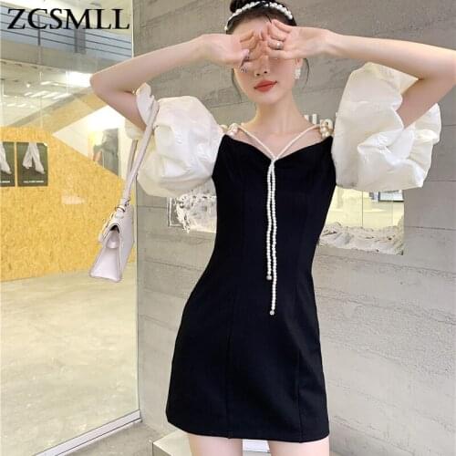 ZCSMLL stitching Pearl black dress women summer pleated print puff sleeve vintage korean dresses 2021 spring summer new