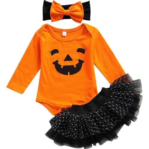 2021-06-19 Lioraitiin 0-18M 3PCS Baby Girls Halloween Outfits Long Sleeve Pumpkin Face Romper Tutu Skirt Headband Set