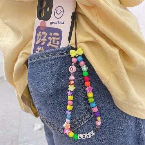 2021 New Trendy DIY Letter LOVE Heart Phone Chain Anti-lost Handmade Soft Clay Cord Lanyard for Women Geometric Phone Chains