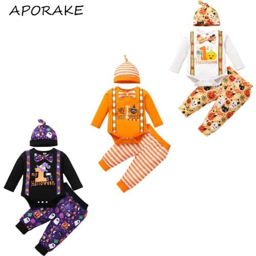 2021 0-18M My 1st Halloween Baby Boy Clothes Set Bow Letter Printed Pattern Long Sleeve Romper+Pumpkin Pants+Cap Costume 3pcs
