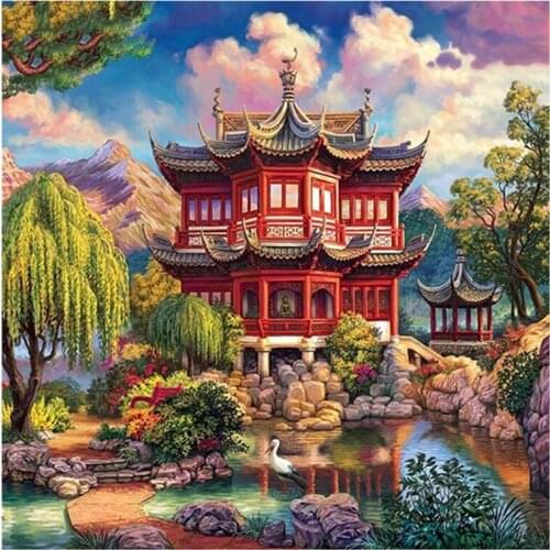 Yumeart DIY 5D Diamond Painting Full Square Round Garden Picture of Rhinestone Embroidery Landscape Mosaic Kits Home Decor