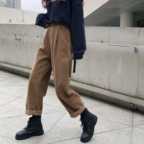 Korean Style Women Retro Pants Women Auutmn Winter Lazy Elastic Waist Vintage Corduroy Slacks Trousers Woman Straight-leg Pants