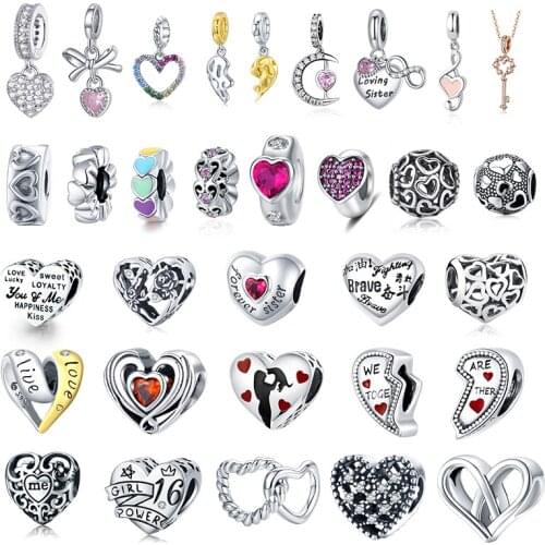 WOSTU 925 Sterling Silver Zircon Love Heart Shape Beads Charms Pendant Fit Women Original Bracelets Fashion Jewelry Making Gift