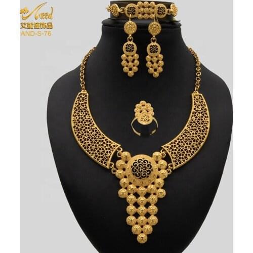 Jewelery Set Luxury Errings For Women Dubai Bridal Jewelry Sets Gold Necklace Ring Hawaiian Bracelet Ring Wedding 4pcs Ethiopian