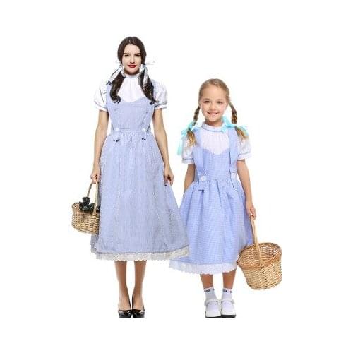 Kids Girls Blue Gingham Plaid Dress Suspender Skirt maid Dorothy costume Wizard Of Oz Costume adult Alice dress Parent-child