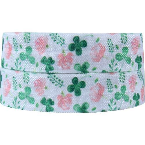 FLRA FOE(50 yards/lot) Free shipping pink flower and lucky shamrock printed foe fold over elastic for St. Patricks Day