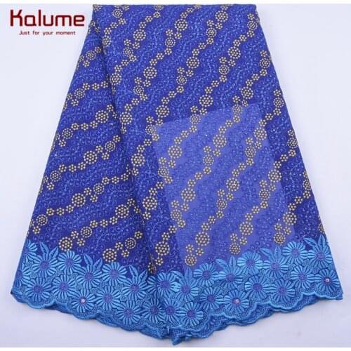 Kalume Royal Blue Nigerian Swiss Cotton Lace Fabric High Quality African Swiss Cotton Lace Fabric Stone For Daily Dress Sew 2087