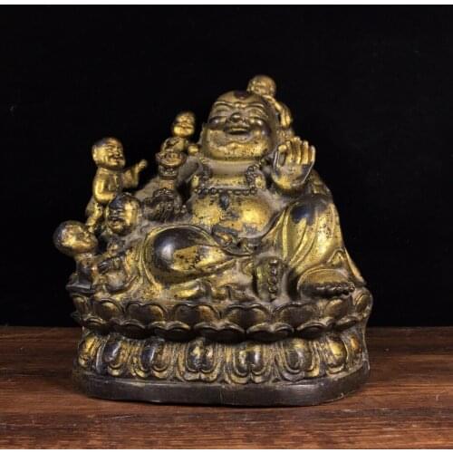 6"Chinese temple collection Old Bronze Cinnabar Lacquer 5 boy Maitreya Big belly buddha Sitting Buddha Ornaments Town House
