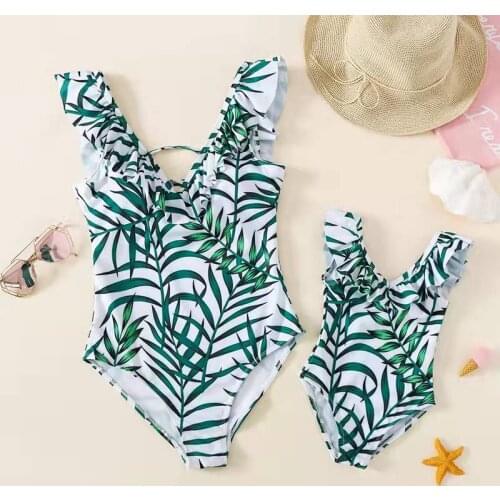 Leaf Mother Daughter Swimsuits Beach Family Matching Outfits Mom Baby Mommy and Me Bikini Dresses Clothes Women Girls Swimwear