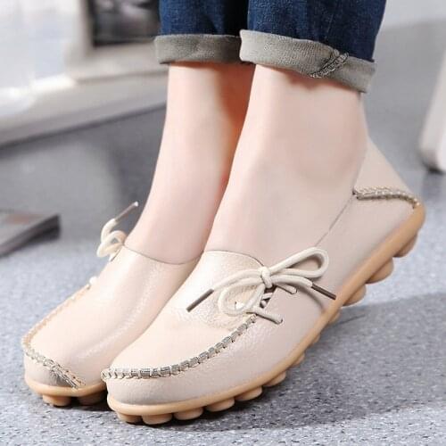 New Moccasins Women Flats 2021 Autumn Woman Loafers Genuine Leather Female Shoes Slip On Ballet Bowtie Womens Shoe Size 35-44