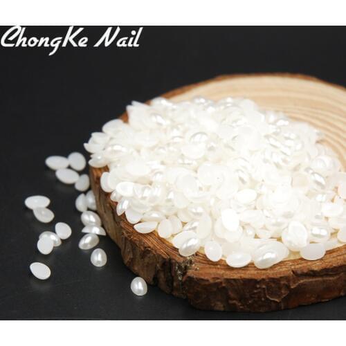 New 1000pcs 4x6mm White Color Half Pearls Beads Flatback Oval Pearls Nail Art 3D Rhinestones Nail Tips Decoration