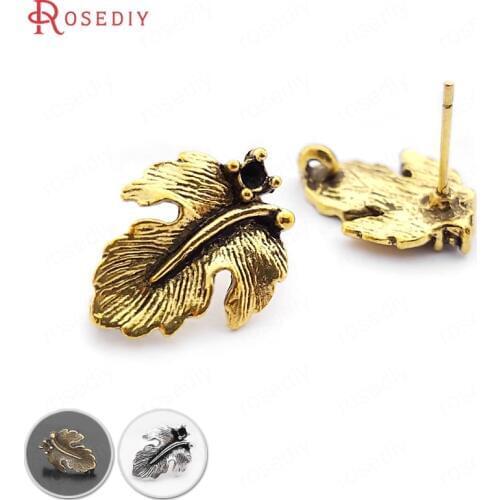30PCS Tree leaf 15x12MM Antique Gold Color Alloy and Steel Needle Tree Leaf Leaves Stud Earrings Jewelry Findings Accessories