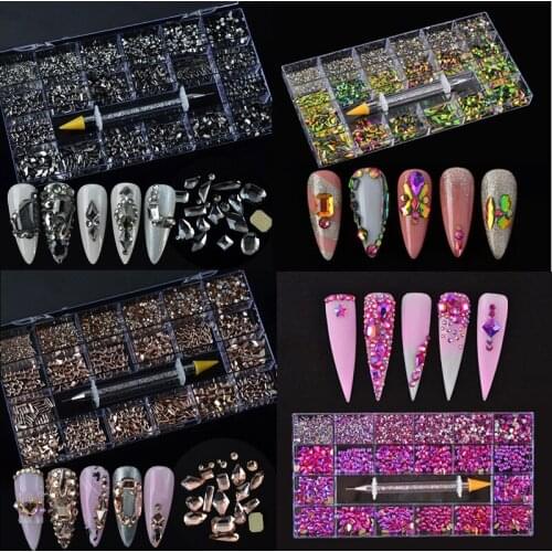 Swarovsky Wholesale 21Grids Rhinestones Nail Art Set Multi Shape Crystal Flat Back Glass Diamond Nails Accessory