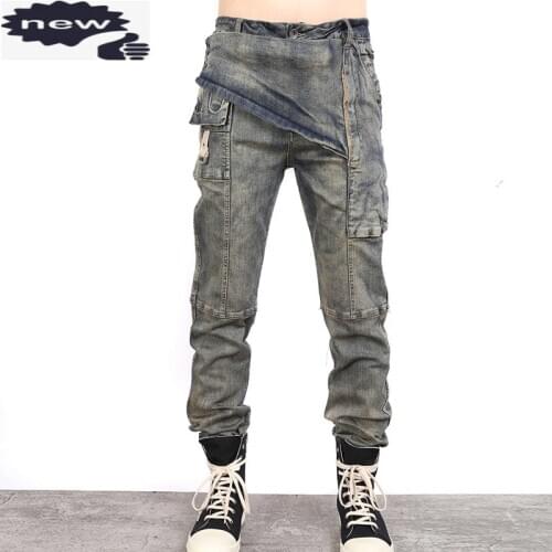 Vintage Mens Denim Cargo Pants Buttons High Quality Designer Cowboy Long Trousers Motorcycle Biker Slim Fit Jeans Hombre