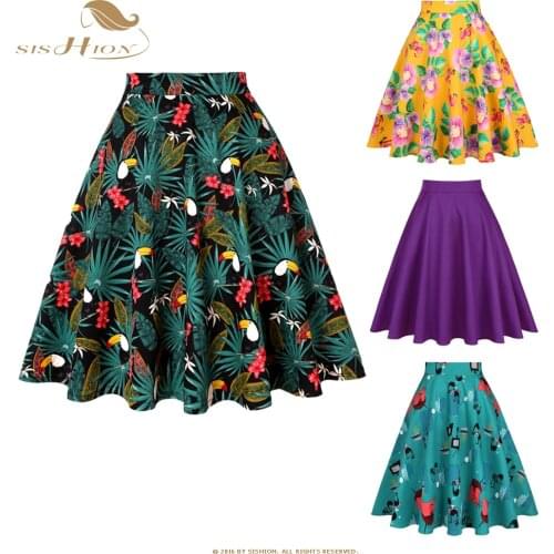 SISHION Design Floral Skirt Women High Waist Plus Size White Pink Green Blue Ladies Summer Skirts Skater 50s Vintage Plaid Skirt