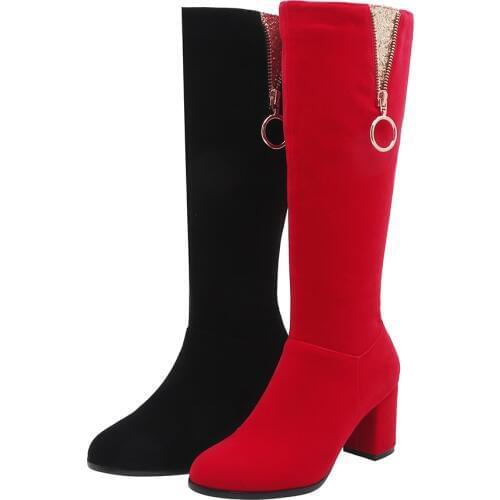 Women Suede Knee High Boots Fashion Zipper Boots comfy Thick Heel Square Toe Autumn Winter Plush Boots red сапоги женские 33-43