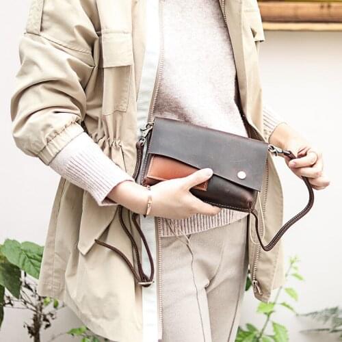 Retro design handmade natural real leather ladies small clutch simple casual cowhide daily weekend party shoulder messenger bag