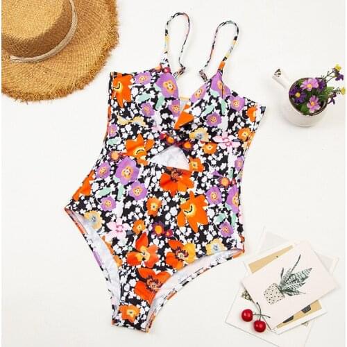 Women Swimming Bodysuit with Floral Print, 2021 Fashion Sexy Hollow Adjustable Shoulder Strap Summer Clothing