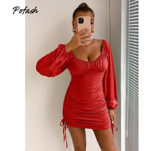 Pofash Red Off Shoulder Mini Dresses Women Clothing Backless Sexy Party Club Vestidos 2021 Female Long Sleeves Autumn Vestidos