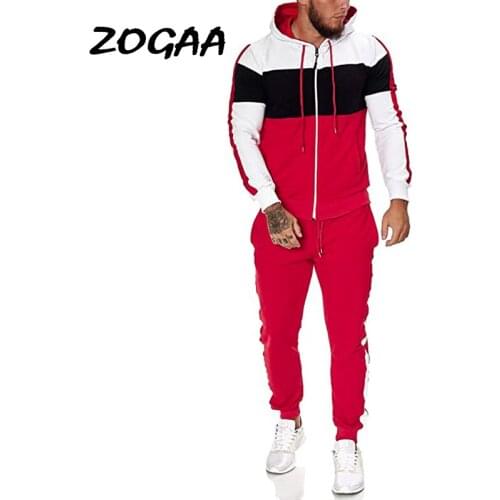 ZOGAA Sets Men Autumn New Plus Size Sports Stitching Hooded Drawstring Casual Tracksuit Sweatsuit Hot Sale All-match Trendy Chic