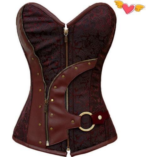 2016 Sexy Women Brown Brocade Steampunk Gothic Zipper Corset Drop Shipping Brocade Pvc Plus Size Corpete Corselet Bustier