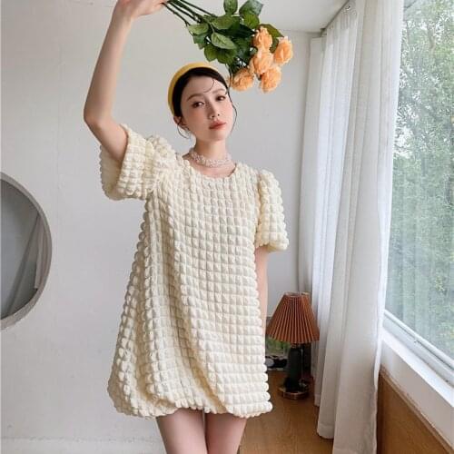Tide Brand Textured Bubble Feeling Loose-Fit Dresses Beige Short Sleeve Chic Designer New Mini Dress Fall Summer 2021 New