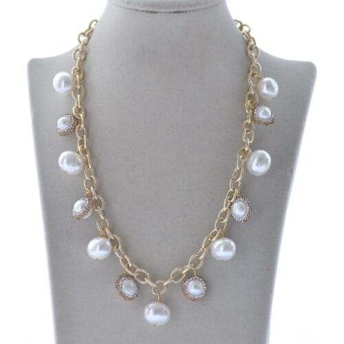 MCT·STAR Z10560 19" 15mm White Egg Shell CZ Round Pearl Necklace Chain Pendant