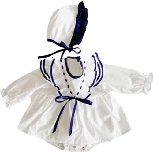 0-3Yrs Baby Girls 2020 Autumn Baby Girl Contrast Bodysuits Flying sleeve Cotton One-piece romper dress + Hat Baby Twin Bodysuit