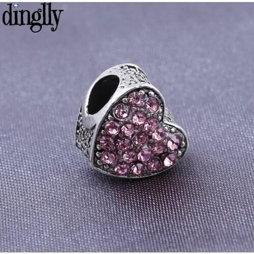 Dinglly Pink Shiny Heart Charm Beaded Fit Snake Bone Chain Bracelet & Necklace For Women Fashion Jewelry Accessories Beads