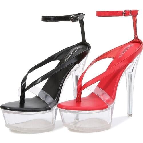 Ankle Straps Elegant Temperament Office Pumps Sexy Flip Flops Crystal Platform Sandals Transparent PVC Summer Women High Heels