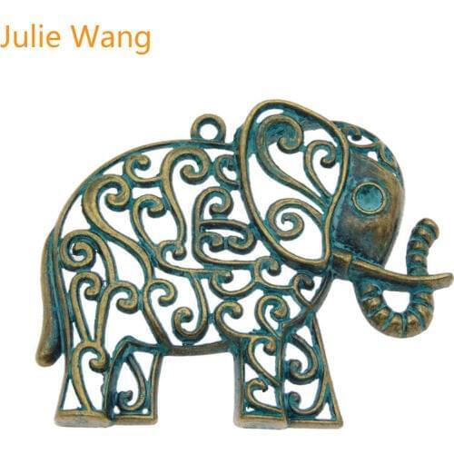 Julie Wang 2PCS Hollow Elephant Charms Big Size Antique Green Alloy Necklace Pendant Bracelet Jewelry Making Keychain Accessory
