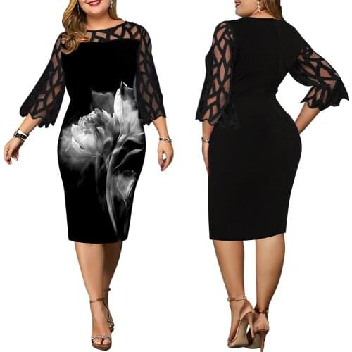2021 Summer Mid Length Skirt New Fashion Trend Casual Printing Lace Stitching Round Neck Pullover Plus Size Womens Dress
