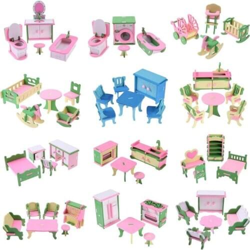 Cute DollHouse Simulation Miniature Wooden Furniture Toys Wood Furniture Set Dolls Baby Room For Kids Play Toy Furniture Puzzle