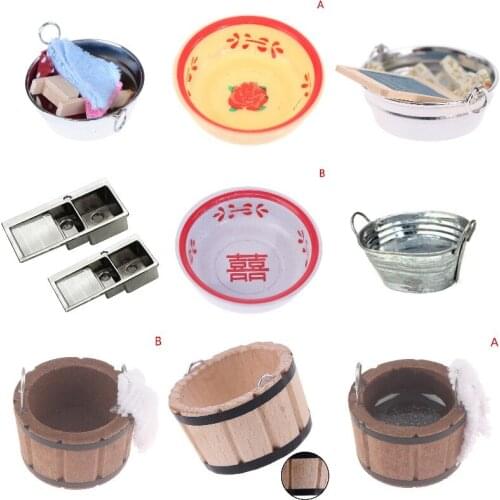 1:12 Dollhouse Miniatures Metal Washtub With Washboard Wash Basin Laundry Tub Foot Bucket For Home Furniture Bathroom Supplies