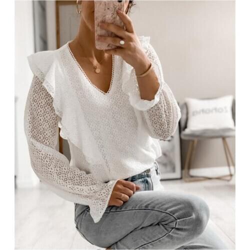 Fashion Tops Shirt Women Solid Sheer Lace Hollow Out V Neck Shirts Blouse Female White Elegant Ruffle Blusas Ladies Clothes