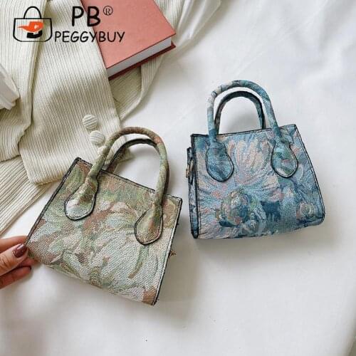 Fashion Women Shoulder Crossbody Messenger Bags Stylish Flower Printing Mini Retro Canvas Female Top-handle Handbag