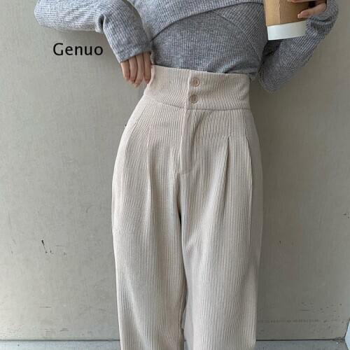 Fashion Women Corduroy Long Pant High Waist Double Button Loose Female Straight Leg Trousers Casual Pantalon Femme 2021