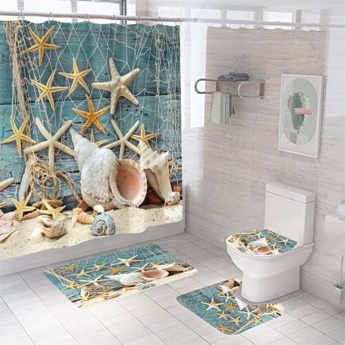 Starfish Shell Shower Curtain Sea Animal Beach With Non Slip Rug Mat Bathroom Curtain Waterproof Polyester Home Decor 180x180