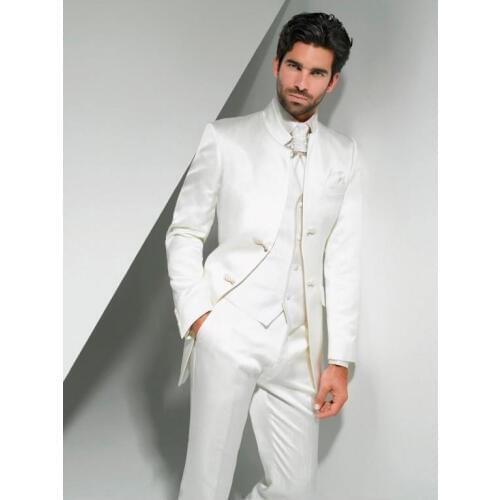 2020 New Arrival White Groom Tuxedos Mandarin Lapel Mens Suit Groomsman/Best Man Wedding/Prom Suits(Jacket+Pants+Vest)