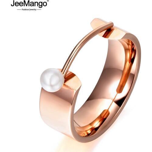 JeeMango Original Design Simulated Pearl Rose Gold Color Ring Jewelry Titanium Steel Engagement Wedding Rings Bague JR17142
