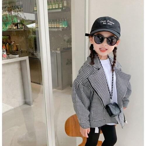 2021 Girls' Autumn New Plaid Suit Collar Zipper Coat Childrens Puff Sleeve Cardigan Handsome Jacket
