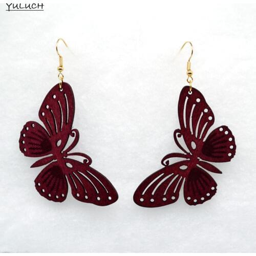 Pair New design Big handmade butterfly natural dye color wood earring hollow 2016