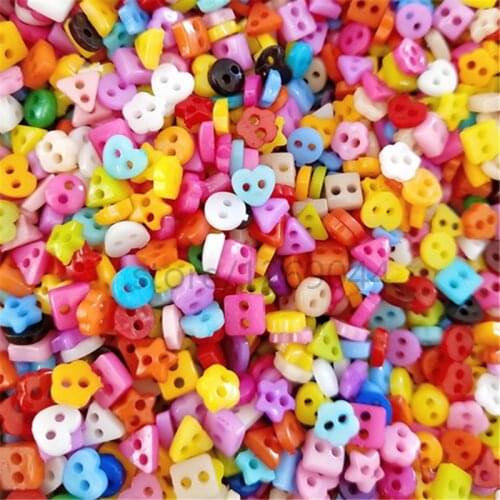 100PCS 6mm Plastic Heart Round Star Flower Square Mixed Mini Buttons Sewing 2 Holes Tiny Doll Clothes Button For Scrapbooking