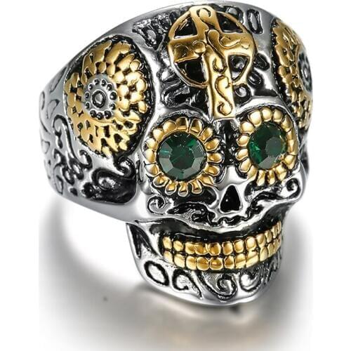 Size 7-15 Gold Titanium Steel Runes Cross Skull Rings with Green Stone Eyes Biker Personality Punk Ring Men Hip Hop Rock Jewelry