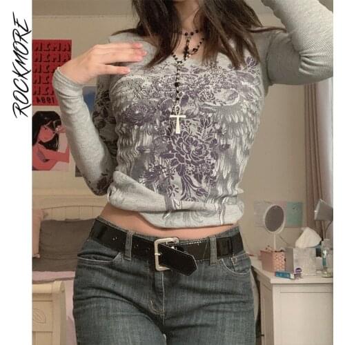 Rockmore Vintage Print Long Sleeve T Shirts Autumn Casual Knitted Crop Top Y2K Aesthetic Graphics Tees Women Grunge Clothes 2021