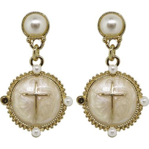 Simple White Enamel Round Clip on Earrings without Piercing Royal Baroque Elegant Cross No Ears Hole Clips Earrings